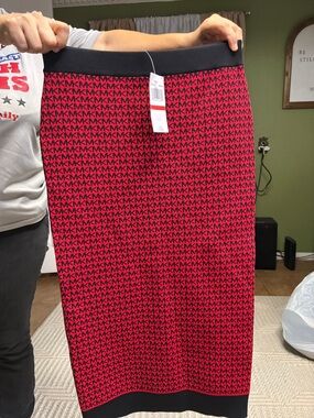 Michael Kors Red and Black Logo Knit Pencil Skirt
